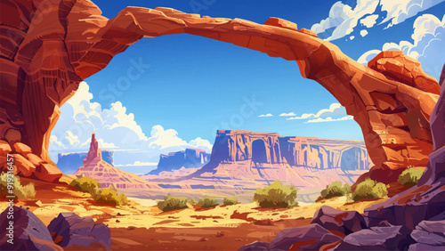 Mesa Arch Panorama Cartoon Illustration Dramatic Landscape Scenic View Vast Desert Panoramic Vista Arched Rock Formation Canyon Background