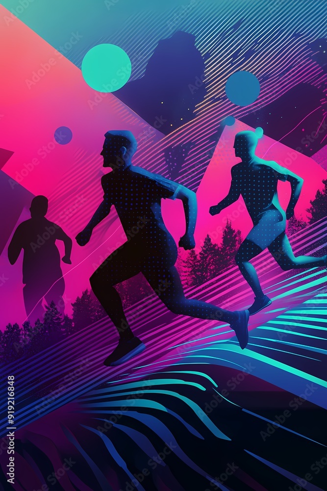 Two runners in silhouette against a colorful geometric background with abstract shapes. Two runners in silhouette against a colorful geometric background with abstract shapes.