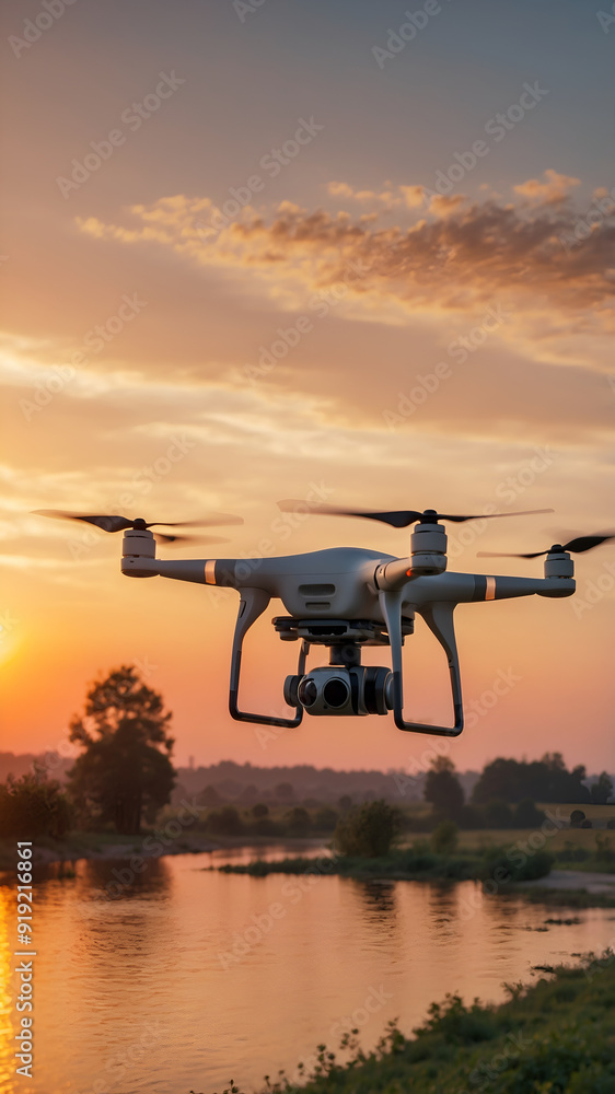 Drone flying over a river at sunset Drone flying over a river at sunset