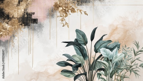 Lush greenery contrasts beautifully with delicate gold accents on a pastel canvas