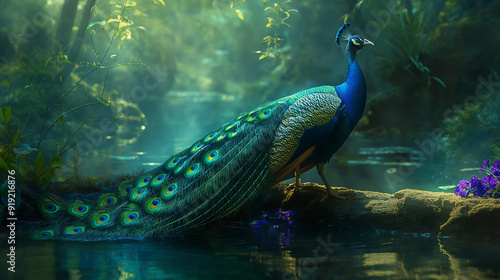 Stunning photograph capturing a peacock displaying its vibrant colored feathers in the middle of a lush forest, showcasing the bird natural beauty and the surrounding greenery