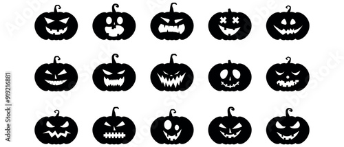 Scary pumpkin faces vector set. Spooky creepy faces icons on white background. Vector illustration for Happy Halloween.