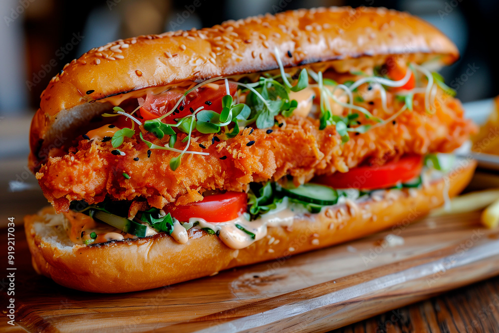 fried chicken sandwich with tomatoes and sauce fried chicken sandwich with tomatoes and sauce