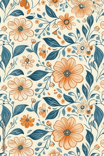 Summer flower pattern featuring orange and blue blooms on a light background