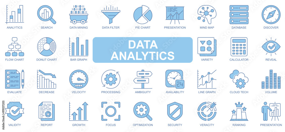 Data analytics icons set in duotone outline stroke design for web. Pack pictograms of search, mining, filter, pie chart, presentation, mind map, database, discover, flow, other. Vector illustration. Data analytics icons set in duotone outline stroke design for web. Pack pictograms of search, mining, filter, pie chart, presentation, mind map, database, discover, flow, other. Vector illustration.