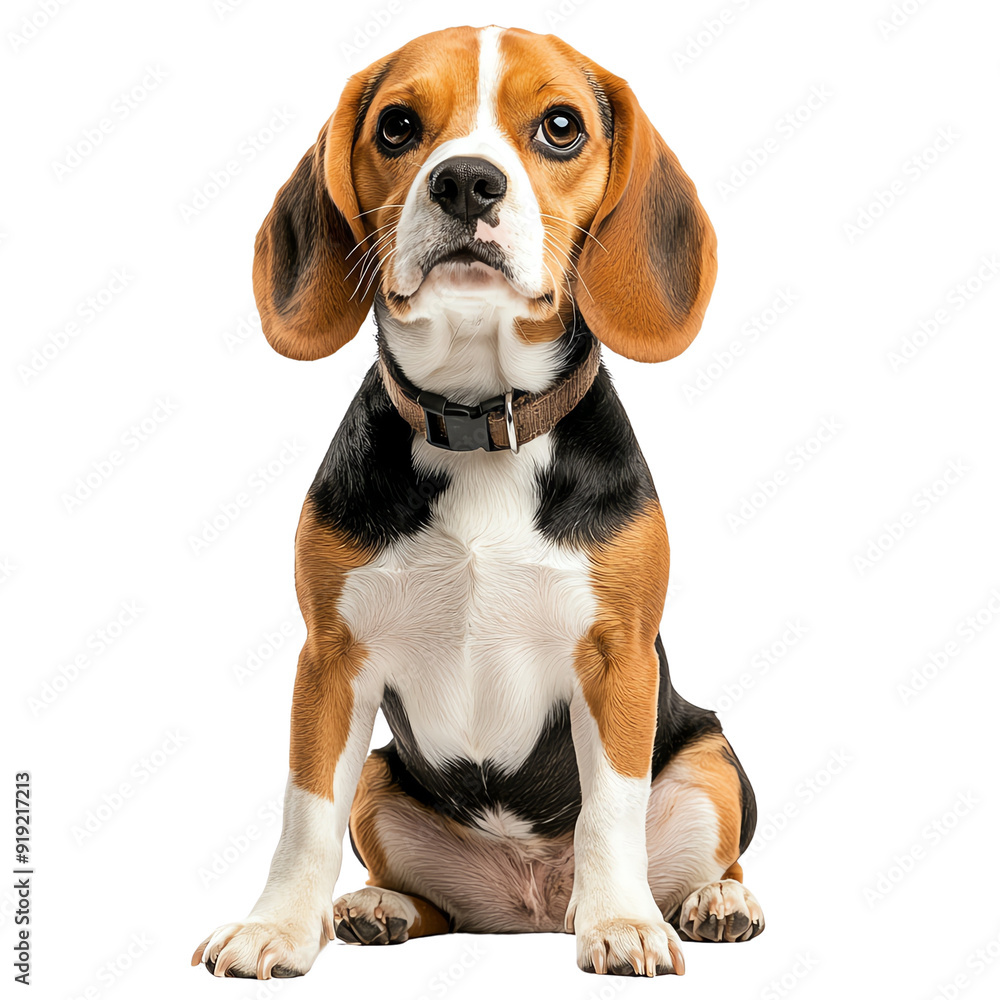 A playful beagle dog sitting with a curious expression, showcasing its distinctive markings and friendly demeanor.