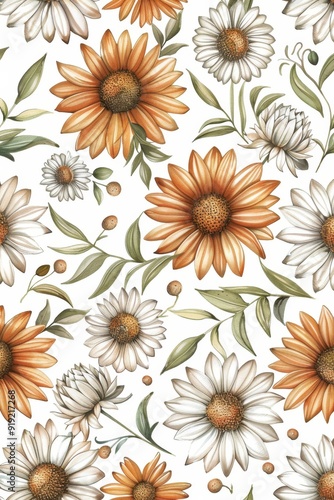 Summer floral pattern featuring daisies and sunflowers on a light background