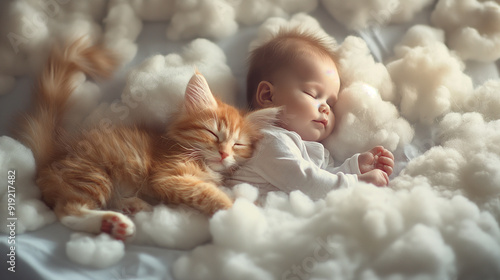 Dreamy and serene image of a cat and a baby sleeping peacefully together on a soft cloud like bed creating a tranquil and ethereal atmosphere