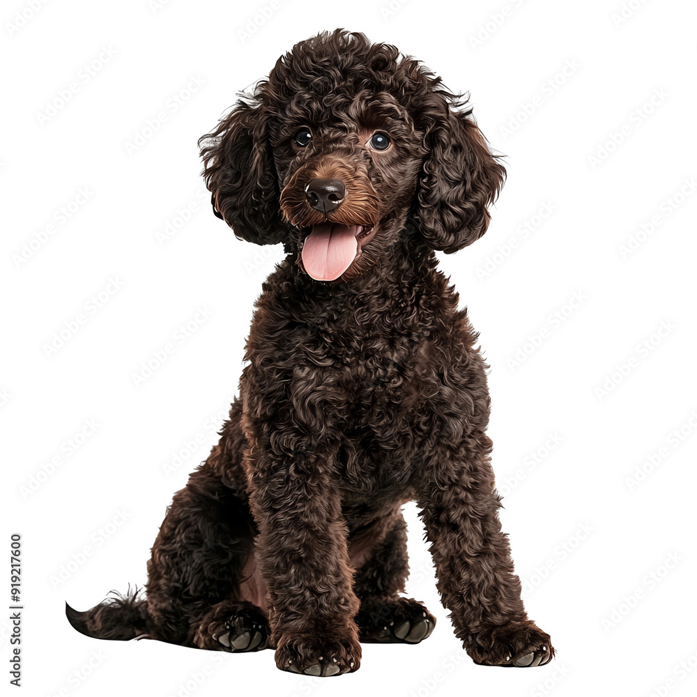 Cute brown poodle puppy sitting with a joyful expression, showcasing its curly fur and playful demeanor. Cute brown poodle puppy sitting with a joyful expression, showcasing its curly fur and playful demeanor.