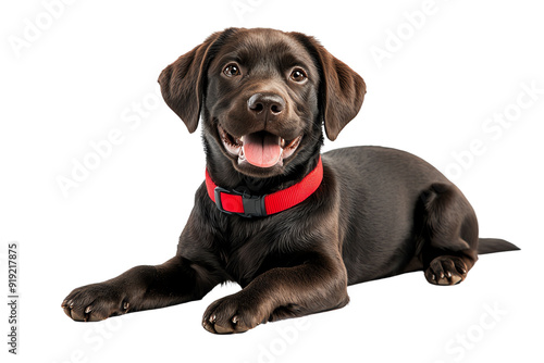 Adorable black labrador retriever puppy with a joyful expression, perfect for pet-related content and marketing.