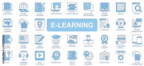 E-learning icons set in duotone outline stroke design for web. Pack pictograms of global education, study program, video lesson, library, online reading, ebook, webinar, other. Vector illustration.