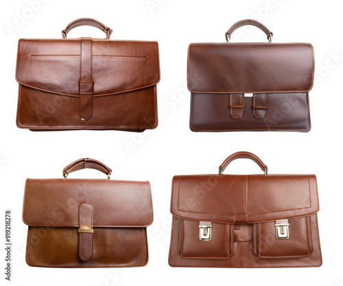 Stylish collection of leather briefcases in various shades of brown, perfect for professionals and business use.