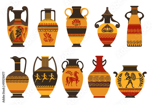 Cartoon Greek pots. Vintage historical pottery. Traditional clay vases. Antique vessels with ancient patterns. Earthenware with painting. Archaeological crockery. Splendid vector set