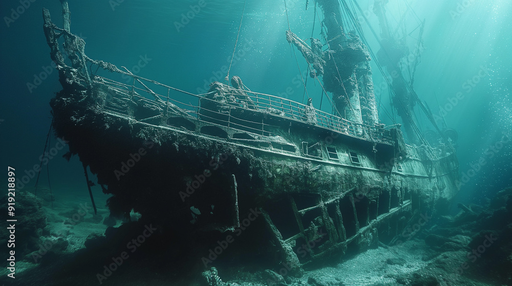 Chilling and atmospheric photo of an ancient pirate shipwreck resting at the bottom of the ocean surrounded by deep dark waters evoking a sense of mystery and lost history Chilling and atmospheric photo of an ancient pirate shipwreck resting at the bottom of the ocean surrounded by deep dark waters evoking a sense of mystery and lost history