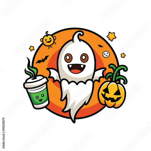 funny Halloween cute smile ghost, with pumpkin, with coffee, fly bats, in graffiti style, bright colors, on white background