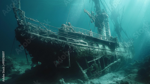 Chilling and atmospheric photo of an ancient pirate shipwreck resting at the bottom of the ocean surrounded by deep dark waters evoking a sense of mystery and lost history