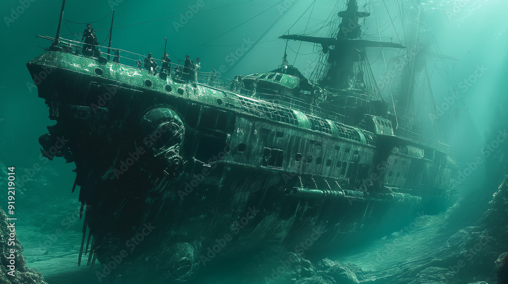 Chilling and atmospheric photo of an ancient pirate shipwreck resting at the bottom of the ocean surrounded by deep dark waters evoking a sense of mystery and lost history Chilling and atmospheric photo of an ancient pirate shipwreck resting at the bottom of the ocean surrounded by deep dark waters evoking a sense of mystery and lost history