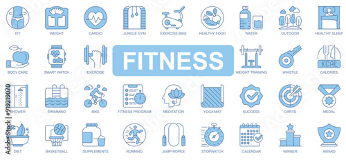 Fitness icons set in duotone outline stroke design for web. Pack pictograms of fit, weight, cardio, jungle gym, exercise bike, healthy food, water, body care, training, other. Vector illustration.