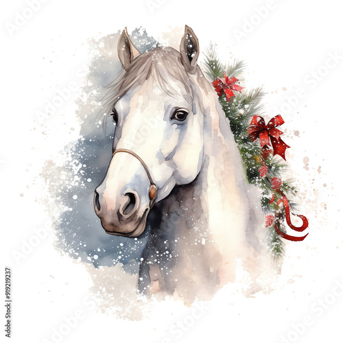 Watercolor horse wearing a red Santa Clause hat, isolated on a transparent background, transparent PNG, holiday season, cute horse, adorable horse, watercolor clipart, Christmas horse photo