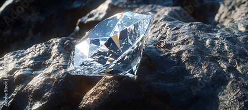 A radiant diamond crystal resting on a bed of dark slate rock.