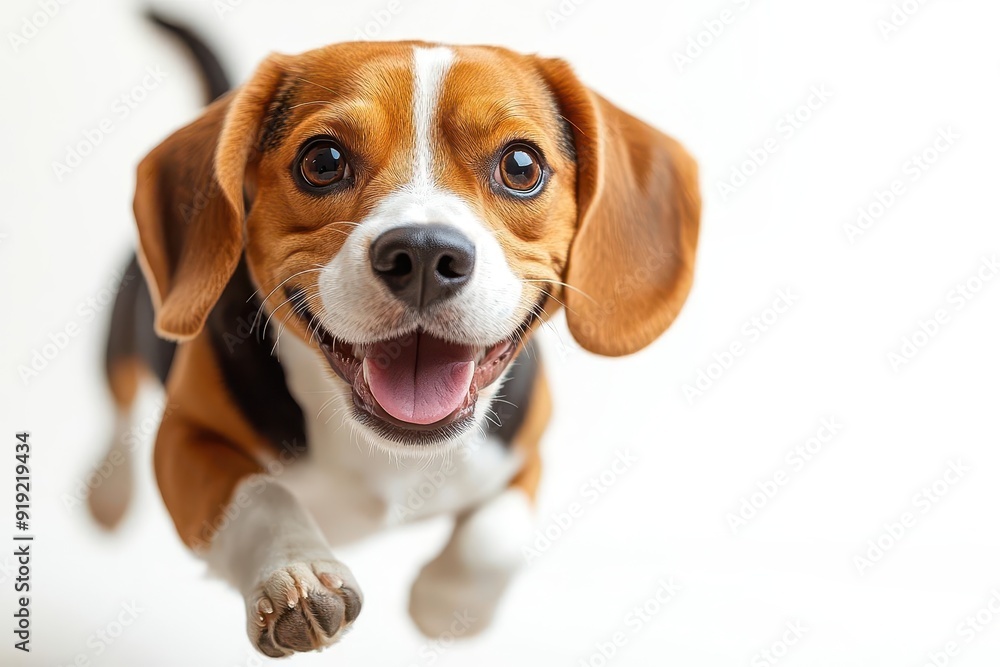 joyful beagle dog with floppy ears and wagging tail caught midleap against white background exuding pure canine happiness and playful energy joyful beagle dog with floppy ears and wagging tail caught midleap against white background exuding pure canine happiness and playful energy