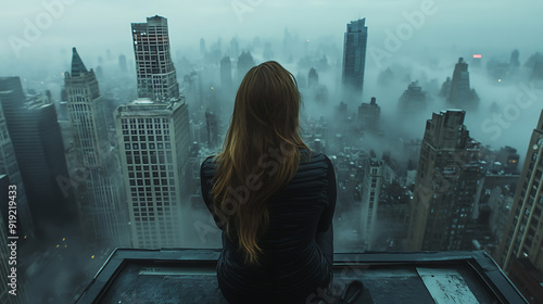 woman sitting on the skyscraper roof alone back view photo