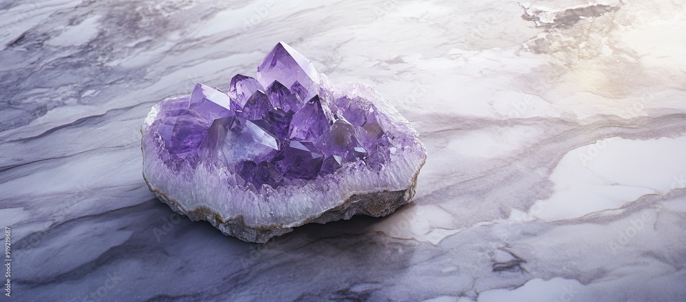A stunning amethyst crystal resting on a bed of smooth, grey marble. A stunning amethyst crystal resting on a bed of smooth, grey marble.