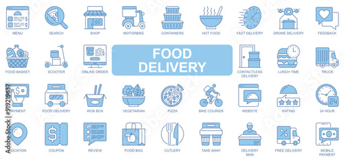 Food delivery icons set in duotone outline stroke design for web. Pack pictograms of menu, search, shop, motorbike, container, drone, feedback, basket, pizza, online order, other. Vector illustration.