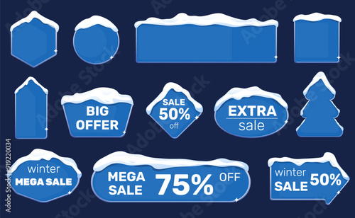 Banners with snow ice caps. Winter sales. Christmas or New Year discount. Cold season. Different shapes covered with snowdrifts. Shop special offer. Frost design. Signboards vector set