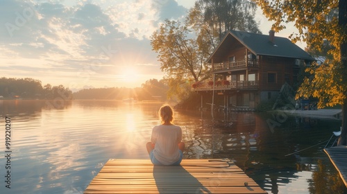 Fototapeta Naklejka Na Ścianę i Meble -  Back view of a female sitting on wooden walkway bridge over lake
