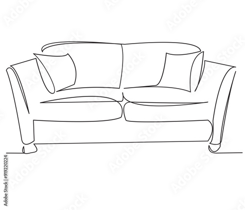 one open single drawn line art doodle pillow, drawing, sofa, seat, isolated. Isolated hand-drawn outline image on white background. sofa with pillows