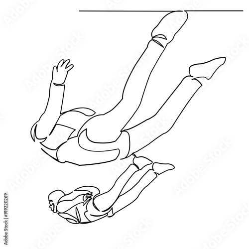 continuous single drawn line parachutists jump out of the plane, the athlete, extreme hand-drawn picture silhouette. Line art. Doodle