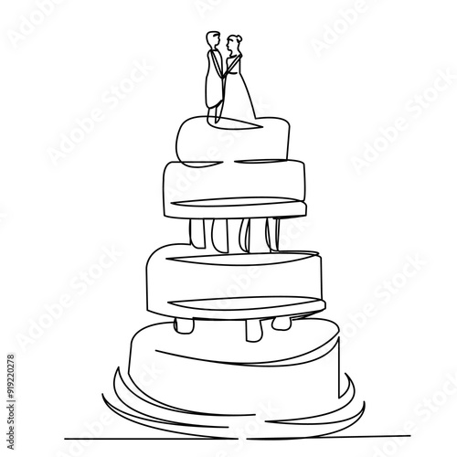 continuous single drawn one line wedding cake hand-drawn picture silhouette. Line art. doodle
