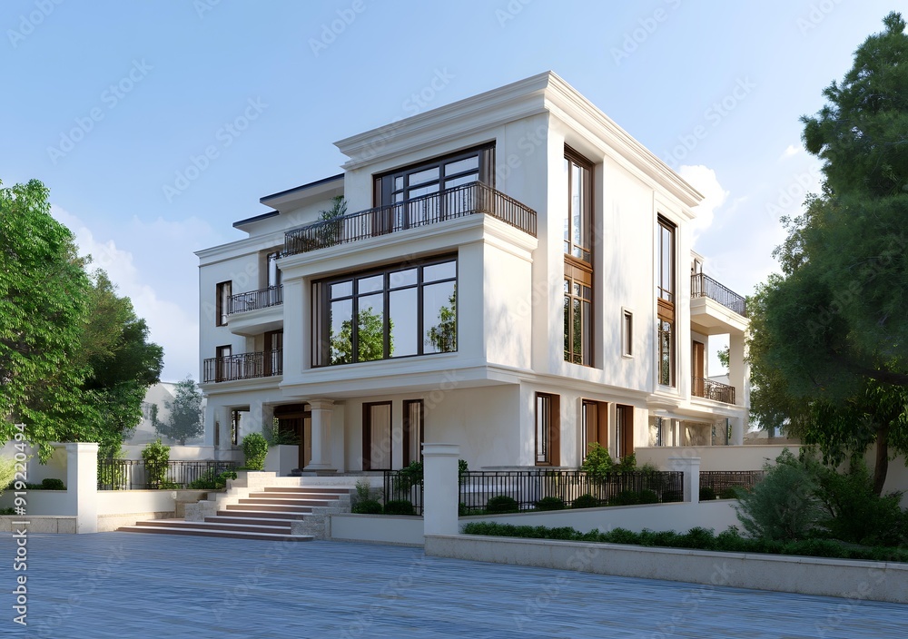 Modern White House with Balconies and a Stone Pathway Modern White House with Balconies and a Stone Pathway
