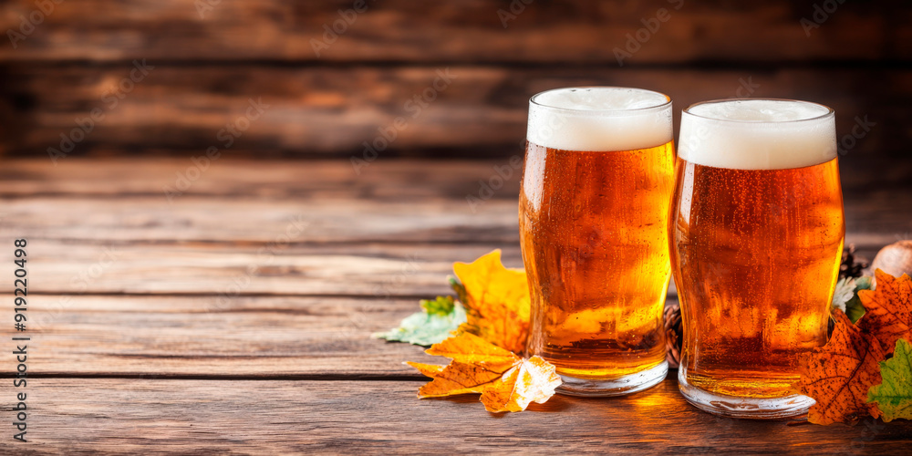 Two glasses of amber beer on a rustic wooden background adorned with colorful autumn leaves, evoking a cozy, seasonal atmosphere. Ideal for marketing autumnal beer festivals or promoting seasonal brew Two glasses of amber beer on a rustic wooden background adorned with colorful autumn leaves, evoking a cozy, seasonal atmosphere. Ideal for marketing autumnal beer festivals or promoting seasonal brew