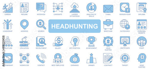 Head hunting icons set in duotone outline stroke design for web. Pack pictograms of career, resume, interview, candidate, analysis, email, diploma, leadership, briefcase, other. Vector illustration.