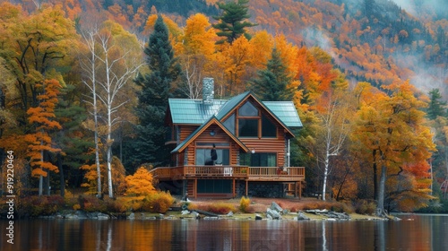 Fototapeta Naklejka Na Ścianę i Meble -  Vacation house with scenic view in Fall with colorful foliage by lake