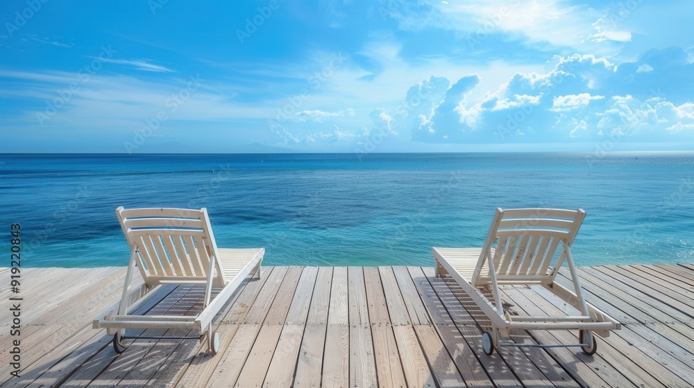Two empty chairs on wooden walkway with blue sea background Two empty chairs on wooden walkway with blue sea background