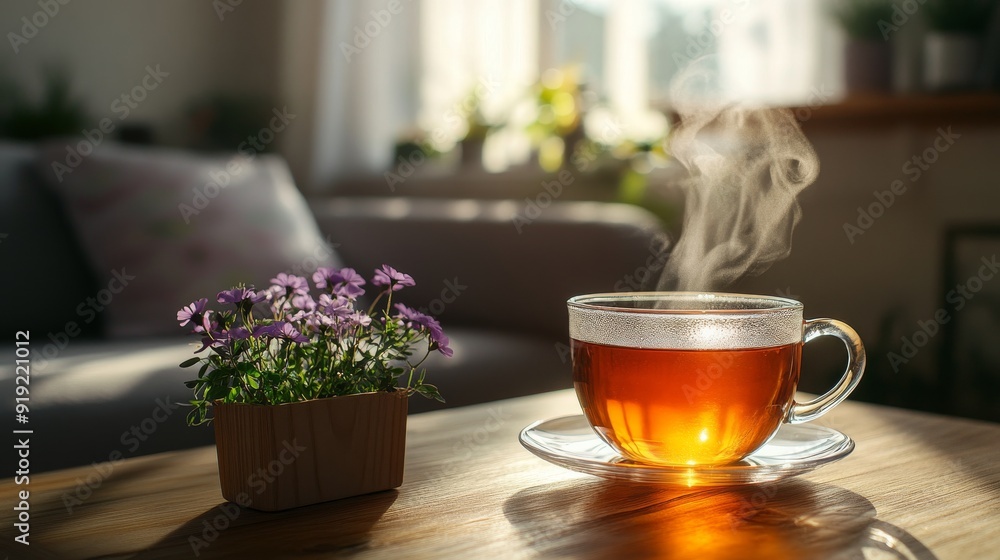 A cup of steaming tea with a flower arrangement on a wooden table A cup of steaming tea with a flower arrangement on a wooden table