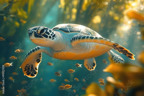 jungle explorer a curious sea turtle navigates through a submerged mangrove forest dappled sunlight filters through the water illuminating schools of small fish darting between gnarled roots photo