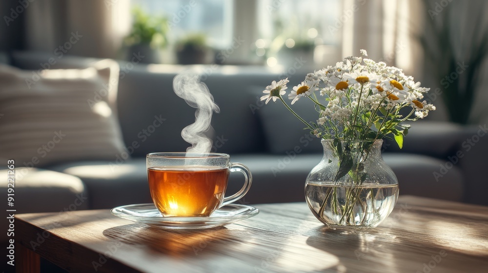 Steaming Cup of Tea and Daisies in a Vase on a Wooden Table Steaming Cup of Tea and Daisies in a Vase on a Wooden Table