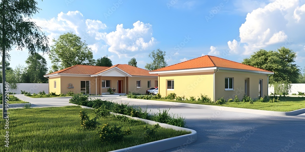 Modern Two Story House with White Fence and Green Grass Modern Two Story House with White Fence and Green Grass