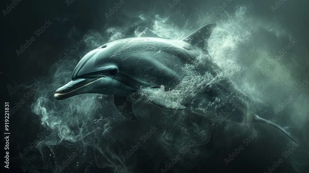 Naklejka premium Dolphin swimming gracefully through dark, murky water with bubbles and splashes around it