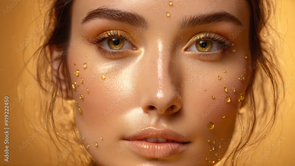 Dewy woman applying hydrating face oil nourishing droplets smoothing texture warm golden hues portrait Dewy woman applying hydrating face oil nourishing droplets smoothing texture warm golden hues portrait