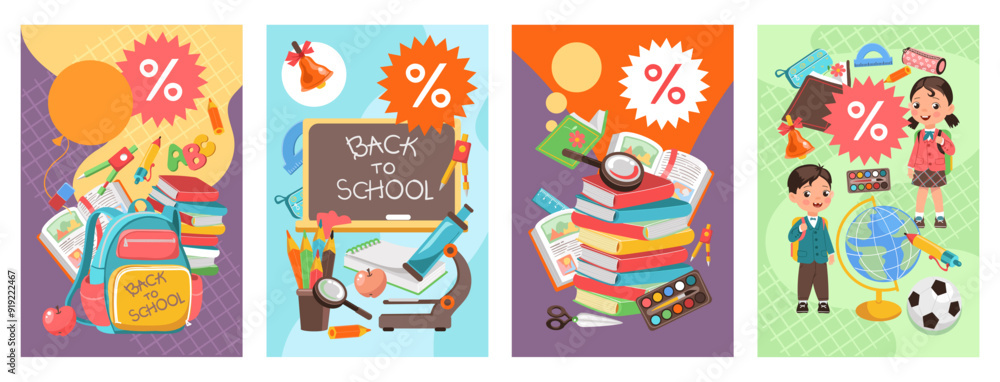 Back to school cards. Kids education. Sale banners. Happy schoolchildren in uniform. College studying accessory. Different stationery. Books and notebooks stack. Splendid vector set Back to school cards. Kids education. Sale banners. Happy schoolchildren in uniform. College studying accessory. Different stationery. Books and notebooks stack. Splendid vector set
