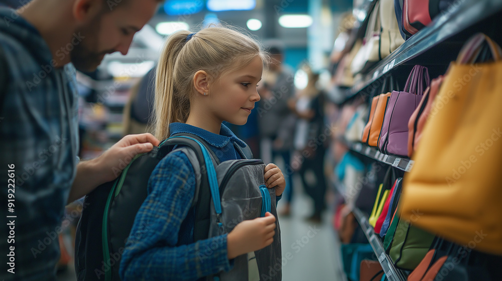 Family Shopping for a Backpack with Their Little Girl, Exploring Options and Enjoying Quality Time Together Family Shopping for a Backpack with Their Little Girl, Exploring Options and Enjoying Quality Time Together