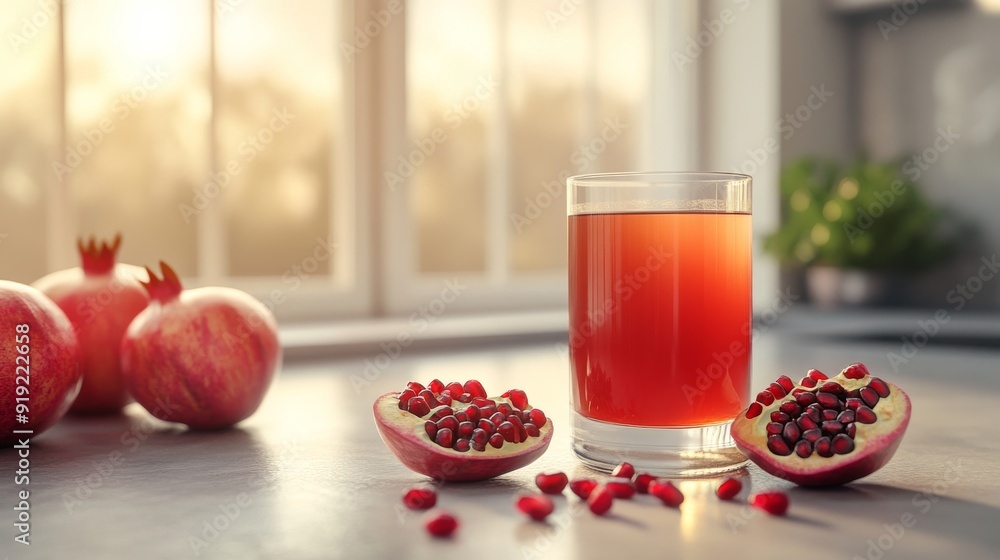 Pomegranate Juice with Whole and Sliced Fruit on Countertop Pomegranate Juice with Whole and Sliced Fruit on Countertop