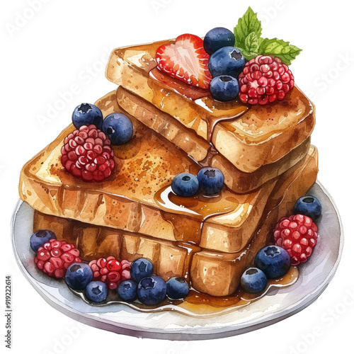 Watercolor French toast, breakfast food, syrup and berries, detailed and vibrant, isolated on white background photo