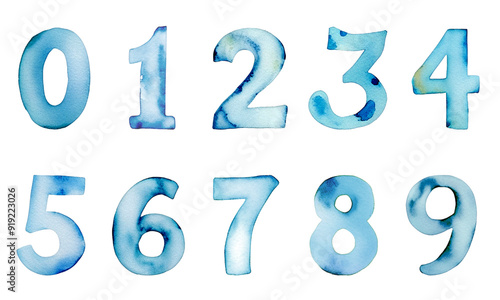 Set of colorful watercolor numbers. Handwriting blue numbers 0-9. Hand painted watercolor numbers. photo