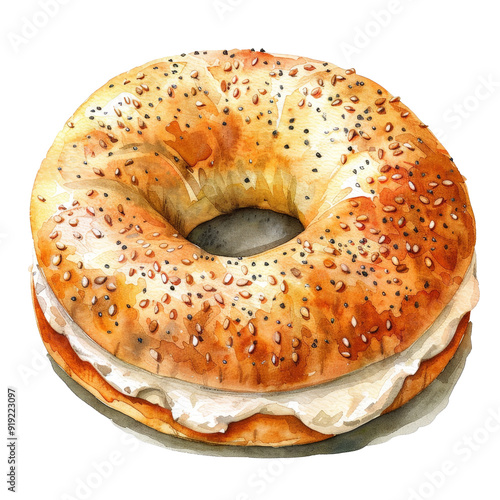 Watercolor bagel with cream cheese, breakfast food, detailed and vibrant, isolated on white background  photo